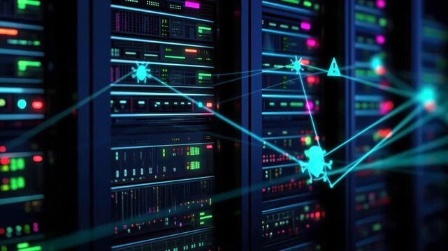 Deep blue data center with server racks, green indicators, blue network nodes and data streams along lines, warning signs, skulls and virus icons moving in a smooth pan.