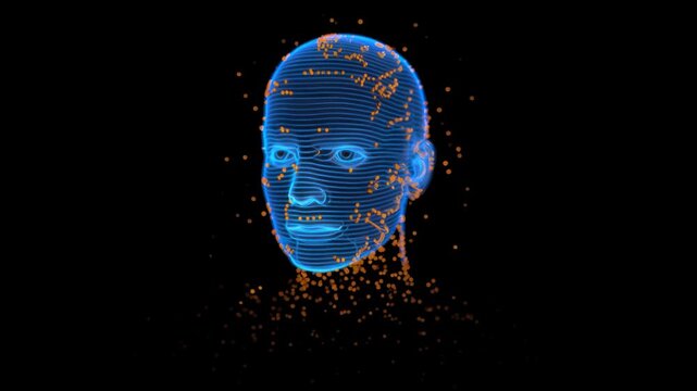 Blue glowing wireframe abstract face at center sways gently as orange particles burst from the neck and disperse, with a slow counterclockwise camera rotation in a mysterious futuristic scene