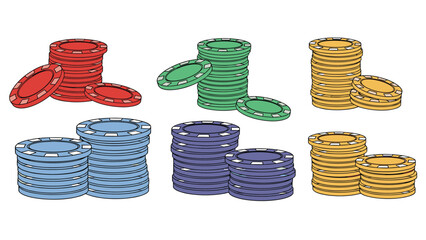 Multiple stacks of colorful casino chips in red, green, blue, purple, and gold arranged for gambling and gaming concepts.