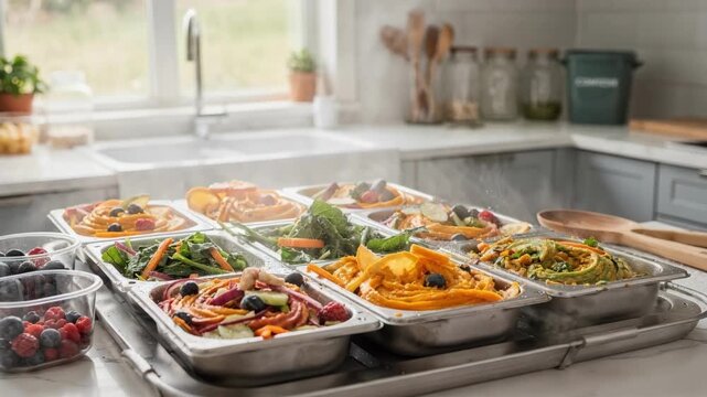 Medium shot of freezing trays filled with freshly mixed upcycled produce blends showcasing innovative food preservation techniques in a sustainable kitchen.