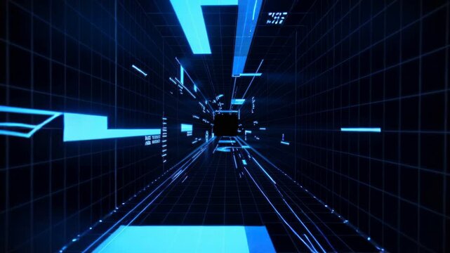 Speeding through a blue glowing digital tunnel as data streams and graphs rush by on the sides and bottom, camera gliding through an endless virtual reality space