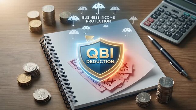 QBI deduction shield calculator pen notebook coins business income protection financial planning tax liability papers wooden desk financial growth finance accounting tax concept business security