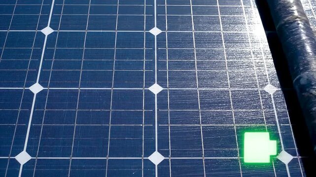 Close-up of a solar panel transforming from dusty, dirty, and inefficient to clean, glistening blue photovoltaic cells under sunlight