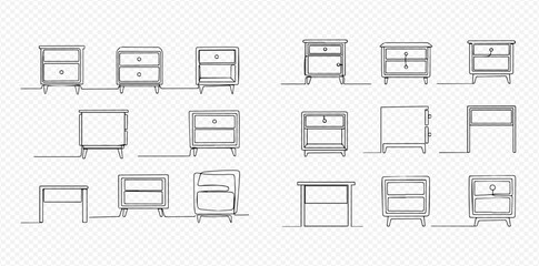 Set of hand-drawn nightstand and bedside table illustrations, perfect for interior design concepts and furniture layouts.