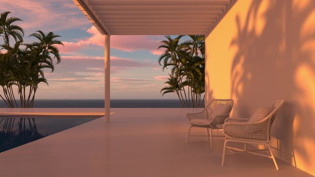 Geometric arched white wall with layered cutouts and shadows of palm tree branches. 3D architectural background. Design for banner, poster, wallpaper, and header.