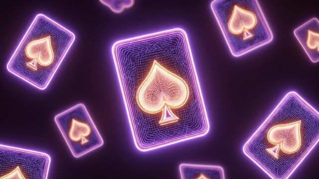 Neon spade card glowing poker symbol casino background digital playing card futuristic gambling art ultraviolet light cyberpunk style abstract pattern purple neon spade border floating poker card