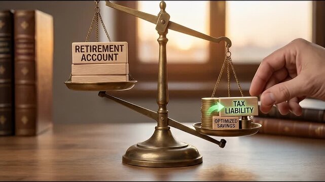 Retirement account tax liability balance scale with coins wooden blocks financial planning savings optimization future security investment management for optimized savings and tax planning