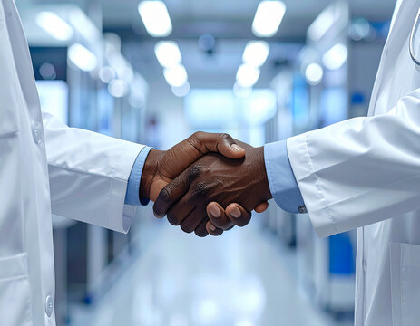 Poign&eacute;e de main entre deux hommes afro-am&eacute;ricain dans un laboratoire	