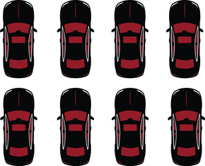 Fototapeta premium WebVector illustration of car silhouettes in multiple styles and views, automotive design concept showcasing compact vehicles, sedans and transportation icons for travel