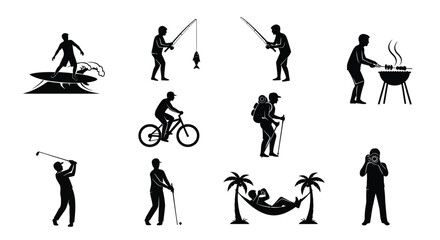 Obraz premium Black silhouettes of people enjoying leisure activities like golf fishing biking and grilling on a white background