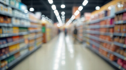 blurred supermarket aisle interior and wide angle perspective and symmetrical composition