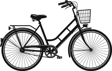 Obraz premium Black and white city bicycle silhouette vector, step-through frame bike with basket and rack, cad drawing flat vector illustration