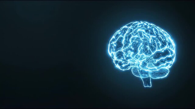Glowing brain digital blue neural technology science abstract dark background with futuristic medical innovation, artificial intelligence, neural network, modern creative concept, data mind