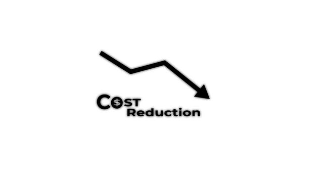 Businessman working on company cost saving. Cost wording on decreasing coins stacking with the down arrow.
