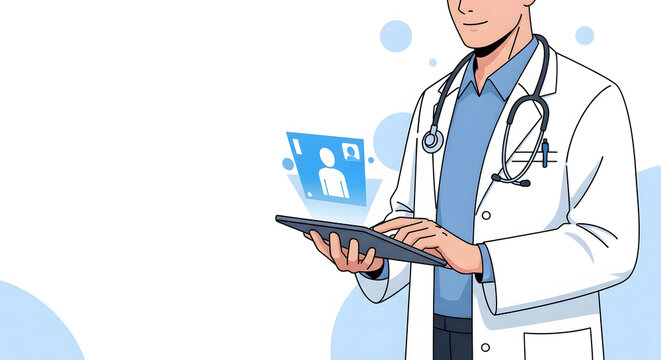 Doctor in lab coat using a digital tablet for patient data or te