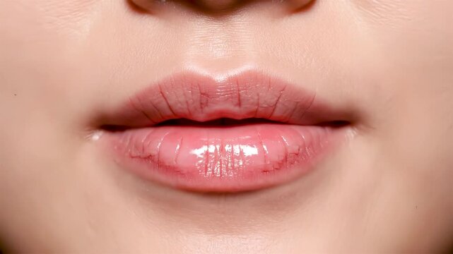 Macro view of glossy, natural human lips with soft pink tone, smooth texture, and subtle shine highlighting healthy skin and hydration