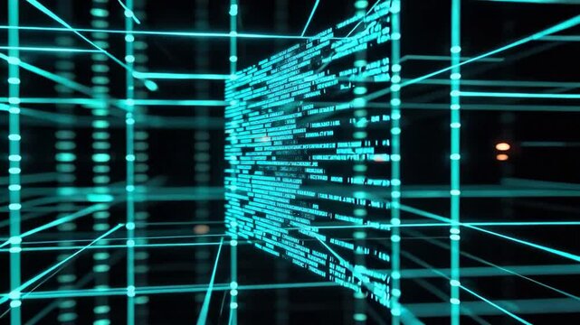 Neon cyan 3D grid tunnel with fast data streams, a translucent code screen slowly rotating and enlarging as scrolling characters flicker, against pulsating blurred lights.