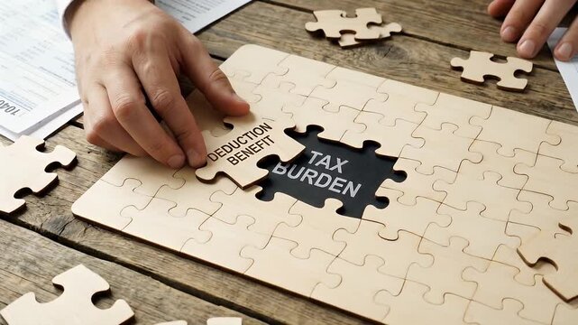 Tax burden deduction benefit wooden puzzle pieces symbolizing finance planning strategy for tax reduction in business personal finance management economic relief