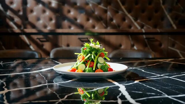 Vibrant salad centerpiece on a polished marble table with reflections and elegant background in a modern dining space