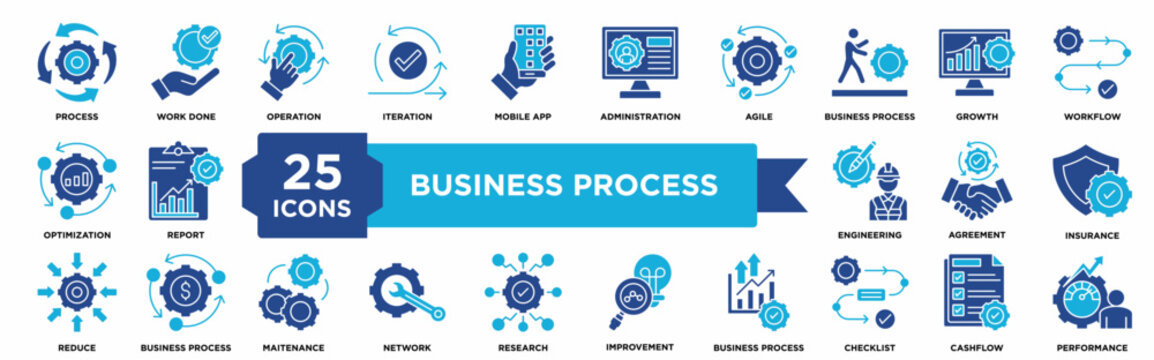 Business process icon set featuring workflow management, operational planning, task execution, performance monitoring, optimization processes, and structured business operations for business
