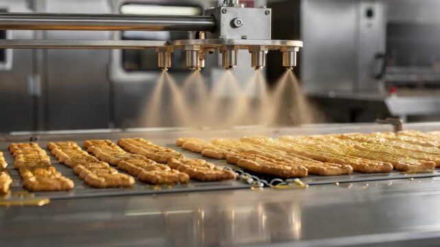 Medium shot of an oil spray flavor applicator releasing a fine mist of flavored oil onto baked snacks traveling on a singlelane conveyor belt highlighting uniform application.