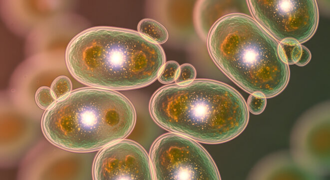 Microscopic view of vibrant yeast cells actively budding and reproducing, showcasing intricate cellular structures and biological processes under magnification