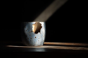 A broken cup with a hole, sunlight shining from outside onto the cup