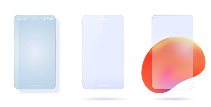 Glass morphism cell phone screen frame transparent ui interface element isolated on white background modern trendy vector illustration set, ux smartphone mockup blank empty text copy space
