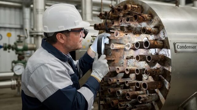 Medium shot of technician examining shellandtube condenser tubes for corrosion and wear focusing on detailed inspection techniques in industrial settings.
