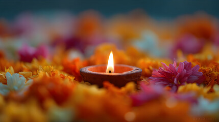 Lit clay oil lamp on flower petals. Indian Gudi Padwa festival celebration. Traditional diya on marigold and chrysanthemum blossoms for new year puja.