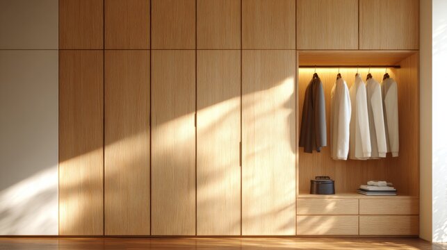 Modern built in wooden wardrobe with hanging clothes warm sunlight and minimalist interior design