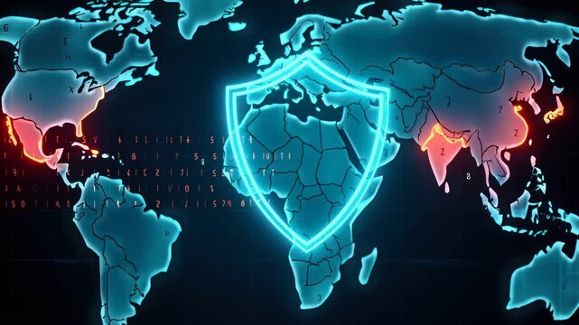 A blue neon world map with glowing grid, red highlighted North America and Asia, a hovering shield above Africa, red scrolling security text, and a camera pull from globe to shield.