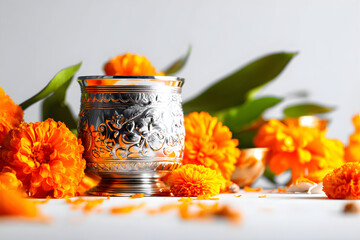 Close up of Gudi Padwa arrangement with marigold flower and traditional silver pot. Indian New Year festival with religious offering.