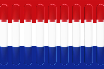Abstract 3d Render of a Modern Design Featuring Glossy, Rounded Pillars or Capsules in the Vibrant Red, White, and Blue Colors of the Netherlands Flag, Creating a Patriotic Visual Pattern