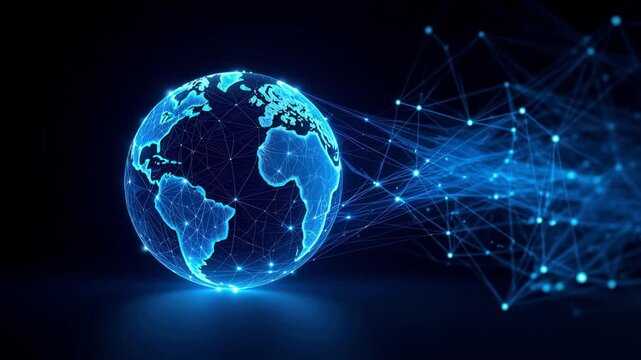 Glowing blue wireframe globe with illuminated continents and a expanding network of lines and nodes extending to the right in a rotating deep space scene