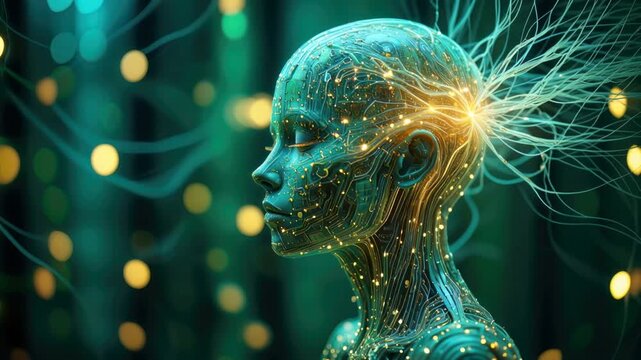 Side profile of a cyberpunk female android with circuit skin and glowing gold circuitry, energy threads trailing behind, green bokeh background, slow pan and gentle pull