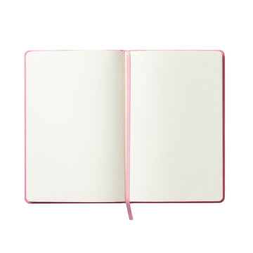 Open pink notebook with blank pages isolated on transparent background