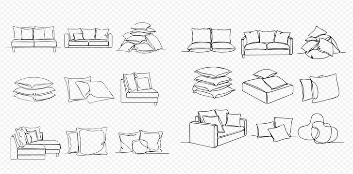 Set of hand-drawn line art illustrations of various sofas, couches, and decorative pillows for home interior design.
