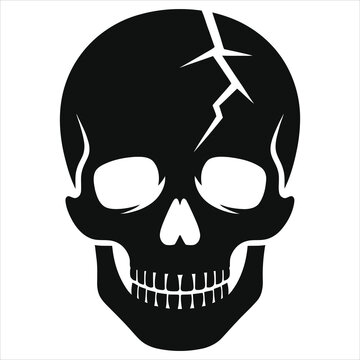 Minimal Black Skull Silhouette with Crack Line, Simple Human Cranium Vector Icon, Broken Skull Graphic Design Element, Gothic Death Symbol for Halloween, Tattoo or Rock Music Art on White Background