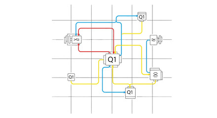 Fototapeta premium Minimalist Quantum Computing Circuit Diagram. Abstract Data Flow Algorithm Structure with Qubits (Q1) and Colored Gate Connections on a Grid.
