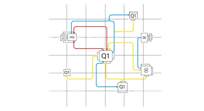 Minimalist Quantum Computing Circuit Diagram. Abstract Data Flow Algorithm Structure with Qubits (Q1) and Colored Gate Connections on a Grid.