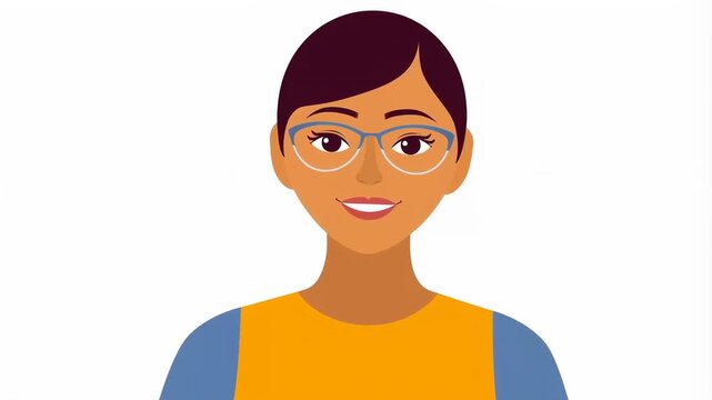 Vector illustration of a cheerful young woman wearing glasses and a colorful shirt, smiling against a white background