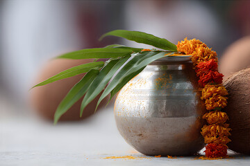 Round brass pot kalash with green mango leaves, marigold flowers, coconut. Gudi Padwa festival, Indian new year celebration.