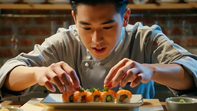Chef carefully arranging colorful sushi rolls on a plate in a modern kitchen with warm lighting for an appetizing presentation