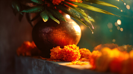 Traditional indian pot with marigold flower and green palm leaves. Gudi Padwa festival and Indian celebration concept.