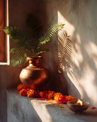 Copper pot with green plant, lit oil lamp, flower garland. Gudi Padwa, ugadi, Diwali, Indian New Year, ugadi day celebration.