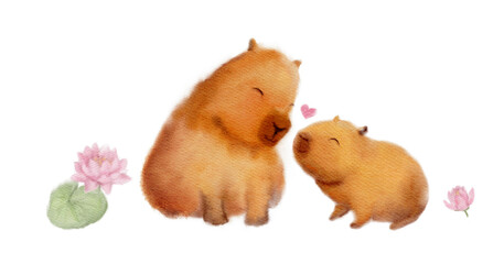 Cute watercolor illustration of a sitting capybara parent with baby and heart accent, with lotus flower and lily pad elements, isolated on white background with copy space for Mother&rsquo;s Day 