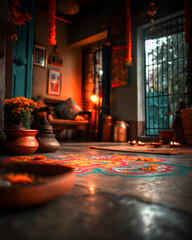 Indian festival decoration with bright rangoli design on floor. Cultural celebration for new year, Gudi Padwa and other holidays.