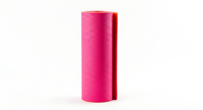 Vibrant pink yoga mat rolled up standing vertically