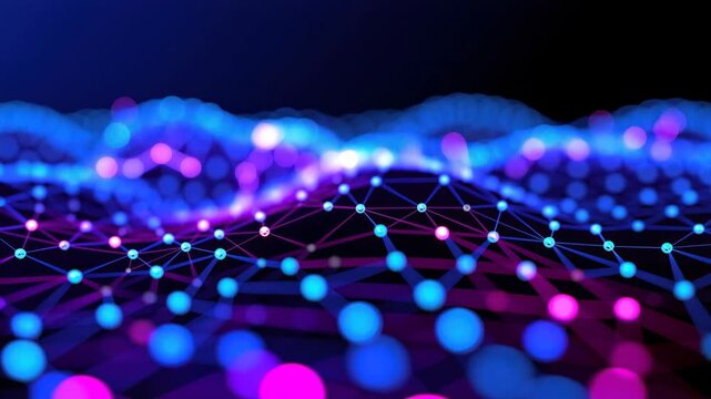 Dynamic blue and pink glowing network of nodes and connecting lines on a dark background, slowly flickering with color shifts as an organic wave-like mesh unfolds